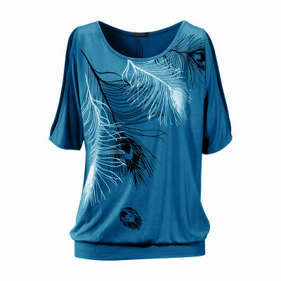 T Shirt Women 2020 New Europe America Summer Tops Feather Printed Strapless short-sleeved T-shirt Clothing Vestidos T011