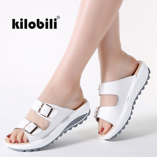 kilobili women slippers buckle real leather slides shoes solid thick sole heels beach sandals women outside flip flops summer