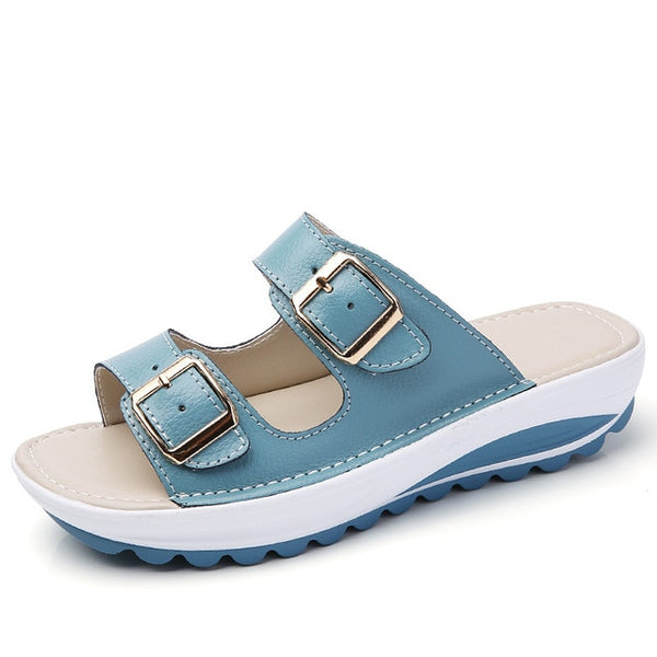 kilobili women slippers buckle real leather slides shoes solid thick sole heels beach sandals women outside flip flops summer