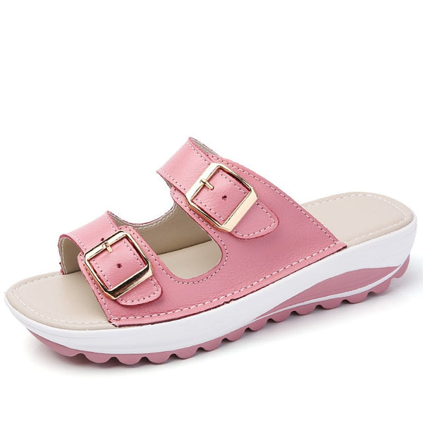 kilobili women slippers buckle real leather slides shoes solid thick sole heels beach sandals women outside flip flops summer