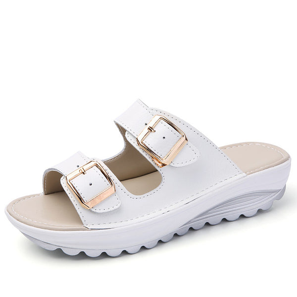 kilobili women slippers buckle real leather slides shoes solid thick sole heels beach sandals women outside flip flops summer