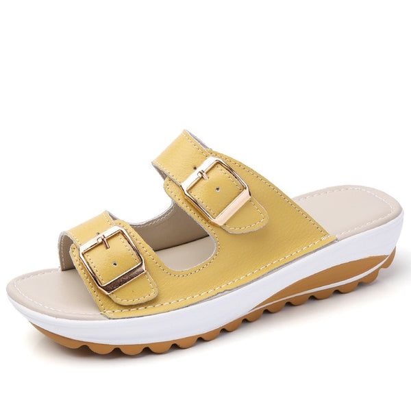 kilobili women slippers buckle real leather slides shoes solid thick sole heels beach sandals women outside flip flops summer