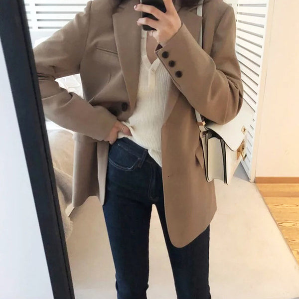 Aelegantmis Spring New Fashion Blazer Jacket Women Casual Pockets Long Sleeve Work Suit Coat Office Lady Solid Slim Blazers 2020