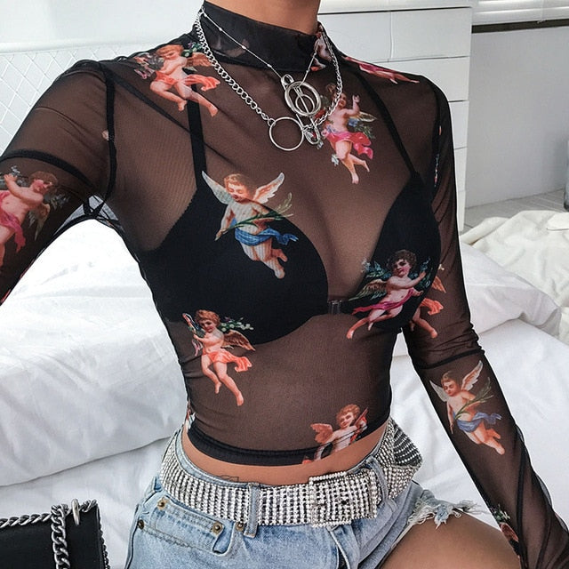 Sexy Women T Shirt See Through Transparent Mesh Tops Long Sleeve Sheer Slim Ladies Turtleneck T-Shirt New Arrival Women tshirt