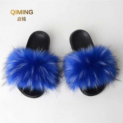 Faux Fur Slides Women Furry Fox Fur Sandals For Woman Female Indoor Shoes Fluffy Plush With Fur Slippers Flip Flops Size 36-45