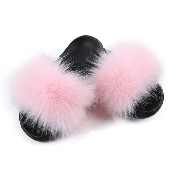 Faux Fur Slides Women Furry Fox Fur Sandals For Woman Female Indoor Shoes Fluffy Plush With Fur Slippers Flip Flops Size 36-45