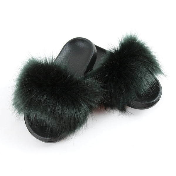 Faux Fur Slides Women Furry Fox Fur Sandals For Woman Female Indoor Shoes Fluffy Plush With Fur Slippers Flip Flops Size 36-45