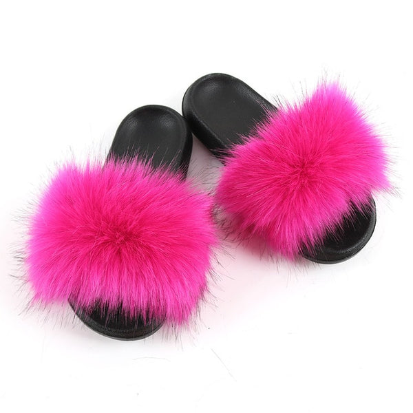 Faux Fur Slides Women Furry Fox Fur Sandals For Woman Female Indoor Shoes Fluffy Plush With Fur Slippers Flip Flops Size 36-45