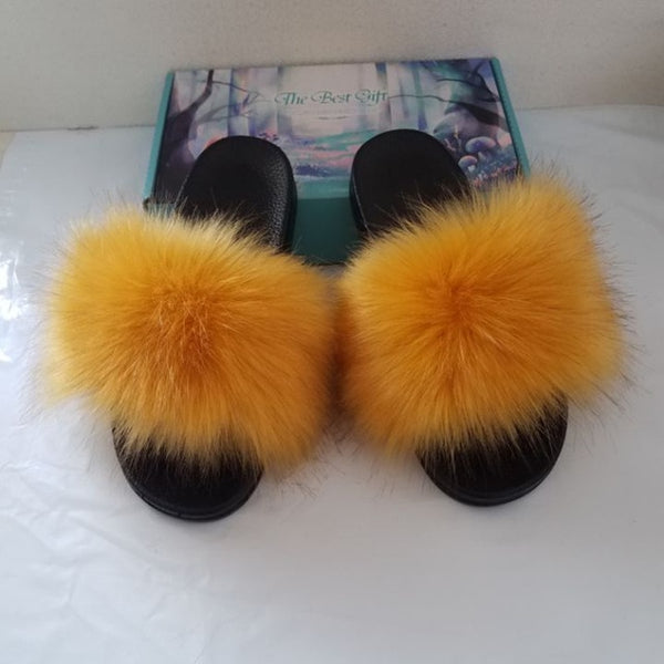 Faux Fur Slides Women Furry Fox Fur Sandals For Woman Female Indoor Shoes Fluffy Plush With Fur Slippers Flip Flops Size 36-45