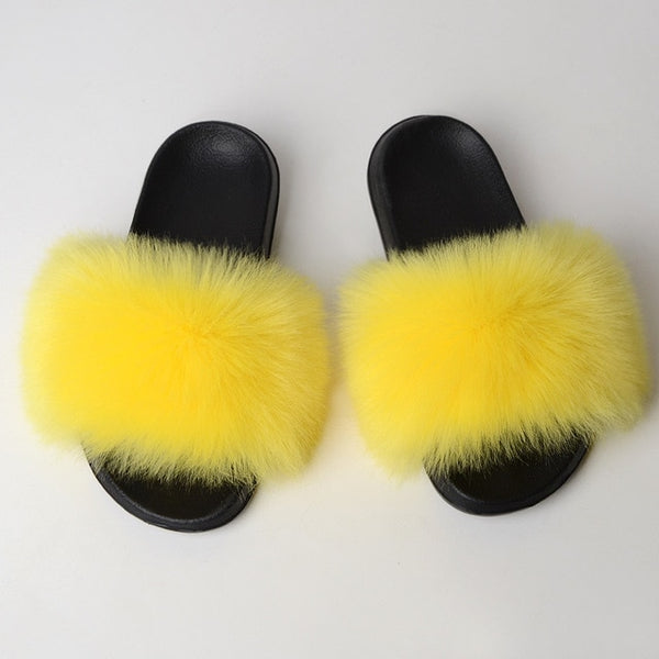 Faux Fur Slides Women Furry Fox Fur Sandals For Woman Female Indoor Shoes Fluffy Plush With Fur Slippers Flip Flops Size 36-45