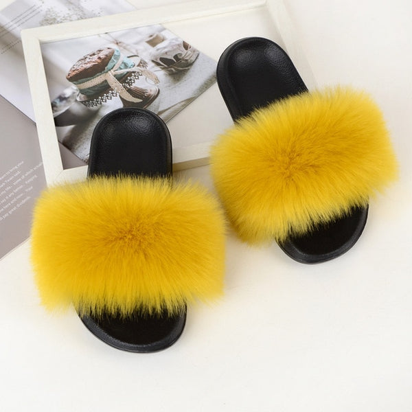 Faux Fur Slides Women Furry Fox Fur Sandals For Woman Female Indoor Shoes Fluffy Plush With Fur Slippers Flip Flops Size 36-45