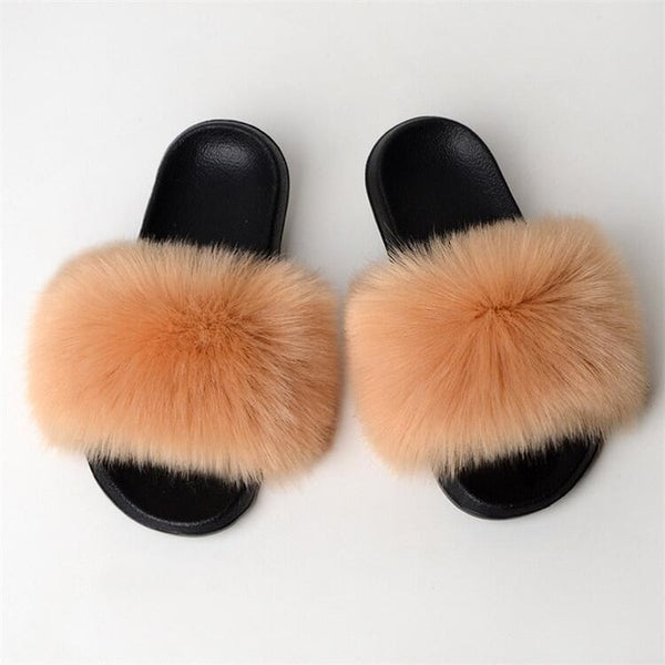 Faux Fur Slides Women Furry Fox Fur Sandals For Woman Female Indoor Shoes Fluffy Plush With Fur Slippers Flip Flops Size 36-45