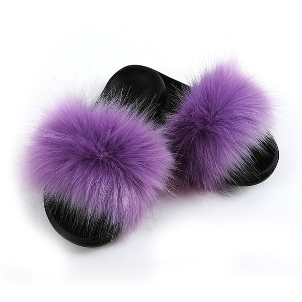 Faux Fur Slides Women Furry Fox Fur Sandals For Woman Female Indoor Shoes Fluffy Plush With Fur Slippers Flip Flops Size 36-45