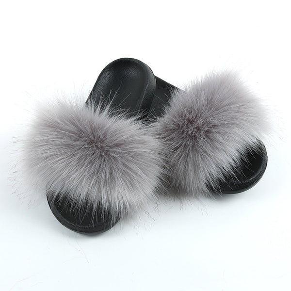 Faux Fur Slides Women Furry Fox Fur Sandals For Woman Female Indoor Shoes Fluffy Plush With Fur Slippers Flip Flops Size 36-45