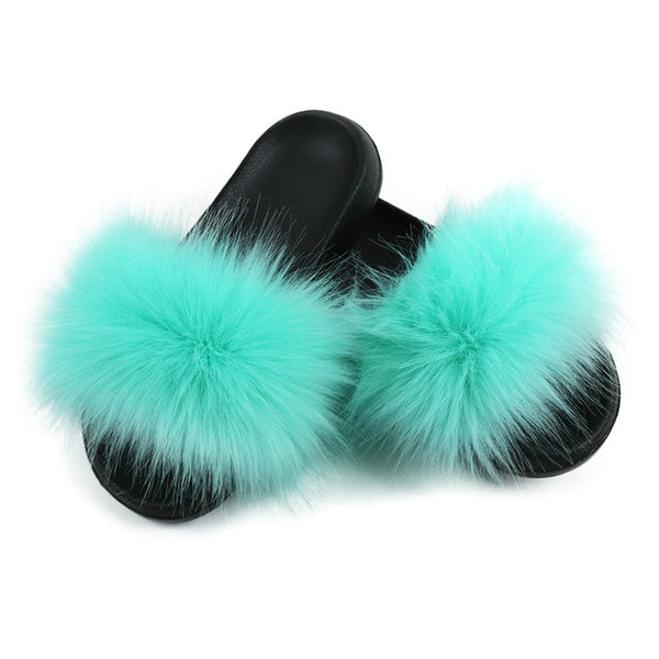 Faux Fur Slides Women Furry Fox Fur Sandals For Woman Female Indoor Shoes Fluffy Plush With Fur Slippers Flip Flops Size 36-45