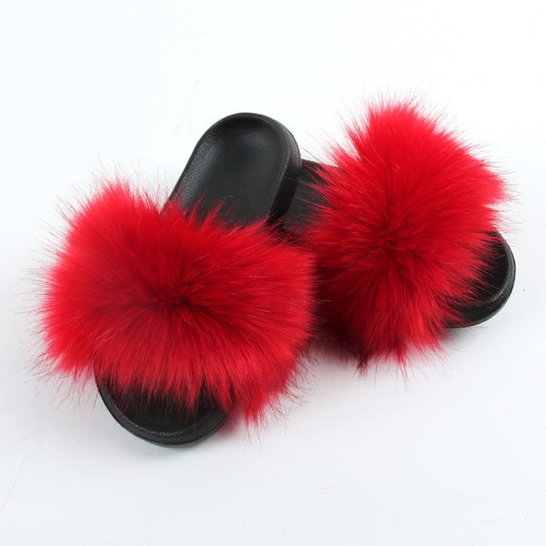 Faux Fur Slides Women Furry Fox Fur Sandals For Woman Female Indoor Shoes Fluffy Plush With Fur Slippers Flip Flops Size 36-45