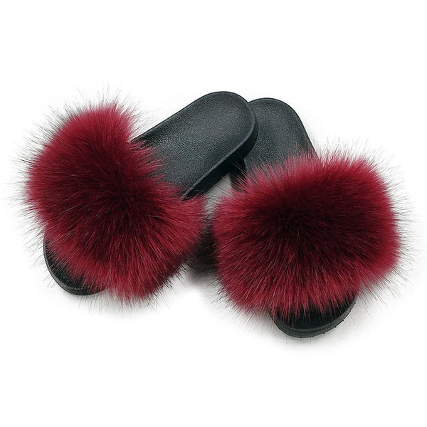 Faux Fur Slides Women Furry Fox Fur Sandals For Woman Female Indoor Shoes Fluffy Plush With Fur Slippers Flip Flops Size 36-45