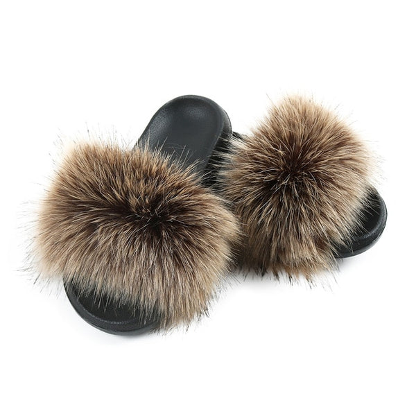 Faux Fur Slides Women Furry Fox Fur Sandals For Woman Female Indoor Shoes Fluffy Plush With Fur Slippers Flip Flops Size 36-45