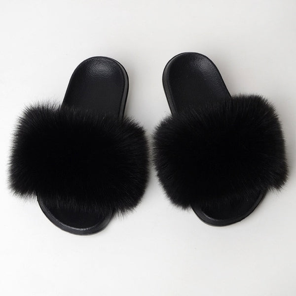 Faux Fur Slides Women Furry Fox Fur Sandals For Woman Female Indoor Shoes Fluffy Plush With Fur Slippers Flip Flops Size 36-45