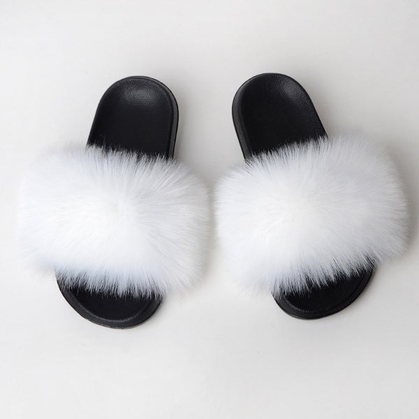 Faux Fur Slides Women Furry Fox Fur Sandals For Woman Female Indoor Shoes Fluffy Plush With Fur Slippers Flip Flops Size 36-45