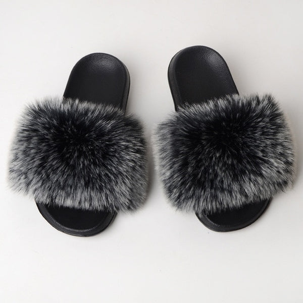 Faux Fur Slides Women Furry Fox Fur Sandals For Woman Female Indoor Shoes Fluffy Plush With Fur Slippers Flip Flops Size 36-45