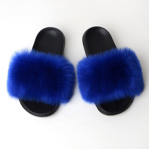 Faux Fur Slides Women Furry Fox Fur Sandals For Woman Female Indoor Shoes Fluffy Plush With Fur Slippers Flip Flops Size 36-45