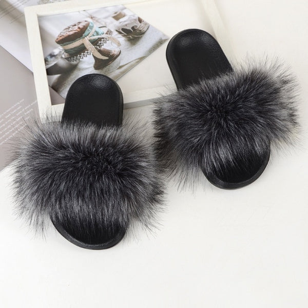 Faux Fur Slides Women Furry Fox Fur Sandals For Woman Female Indoor Shoes Fluffy Plush With Fur Slippers Flip Flops Size 36-45