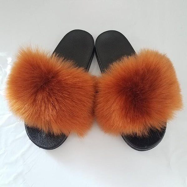 Faux Fur Slides Women Furry Fox Fur Sandals For Woman Female Indoor Shoes Fluffy Plush With Fur Slippers Flip Flops Size 36-45