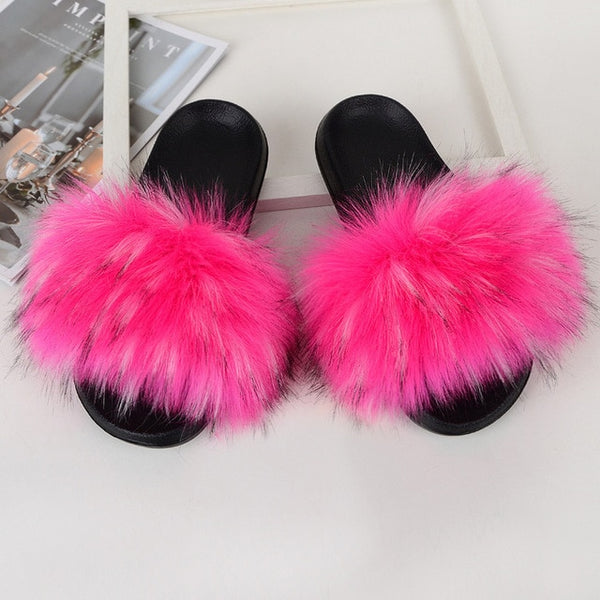 Faux Fur Slides Women Furry Fox Fur Sandals For Woman Female Indoor Shoes Fluffy Plush With Fur Slippers Flip Flops Size 36-45