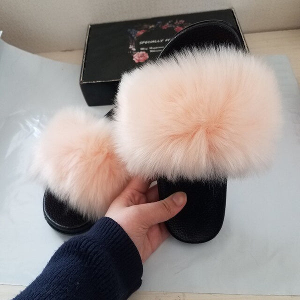 Faux Fur Slides Women Furry Fox Fur Sandals For Woman Female Indoor Shoes Fluffy Plush With Fur Slippers Flip Flops Size 36-45