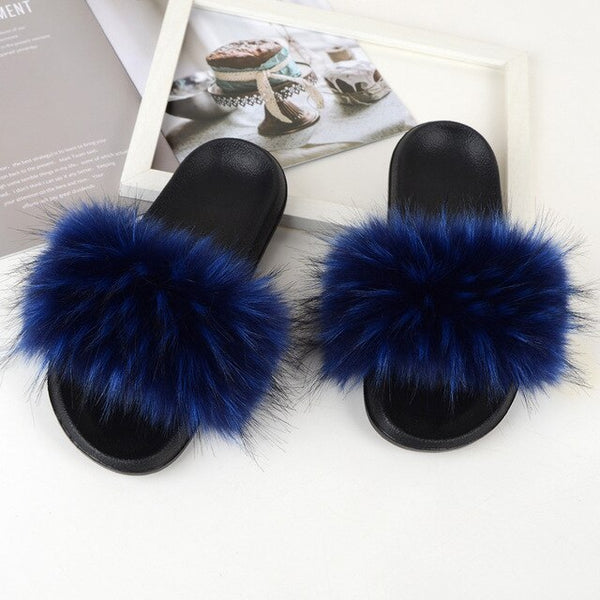 Faux Fur Slides Women Furry Fox Fur Sandals For Woman Female Indoor Shoes Fluffy Plush With Fur Slippers Flip Flops Size 36-45