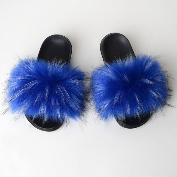 Faux Fur Slides Women Furry Fox Fur Sandals For Woman Female Indoor Shoes Fluffy Plush With Fur Slippers Flip Flops Size 36-45