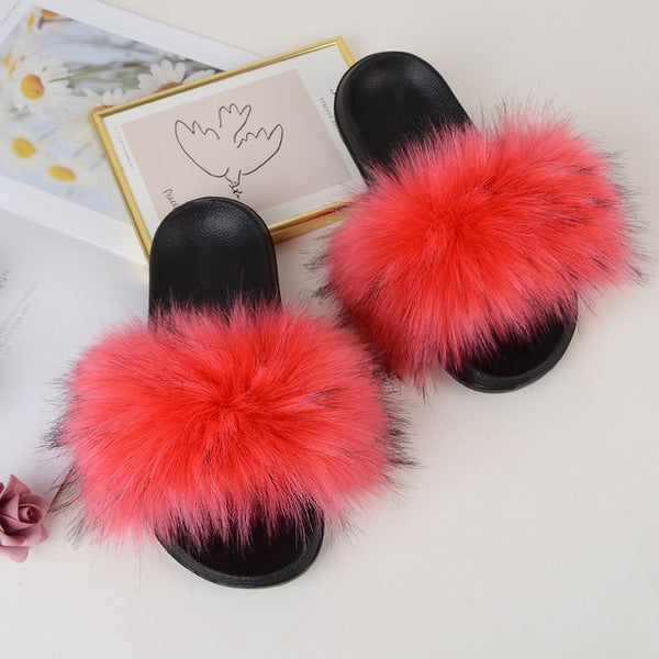 Faux Fur Slides Women Furry Fox Fur Sandals For Woman Female Indoor Shoes Fluffy Plush With Fur Slippers Flip Flops Size 36-45