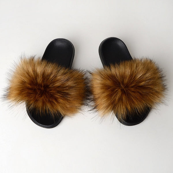 Faux Fur Slides Women Furry Fox Fur Sandals For Woman Female Indoor Shoes Fluffy Plush With Fur Slippers Flip Flops Size 36-45