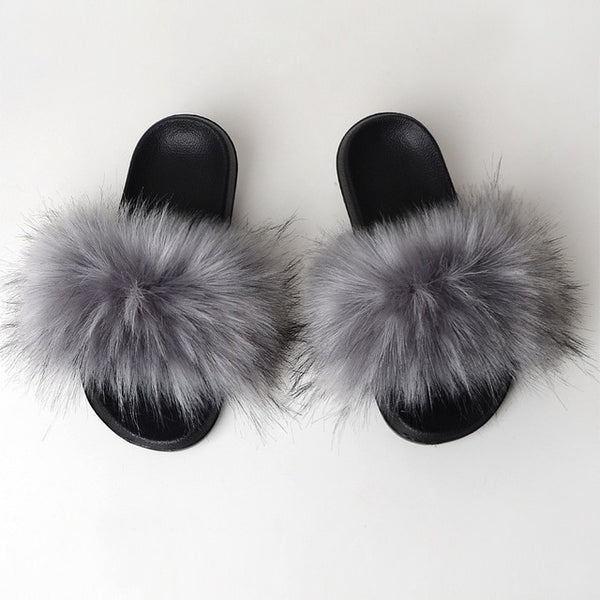 Faux Fur Slides Women Furry Fox Fur Sandals For Woman Female Indoor Shoes Fluffy Plush With Fur Slippers Flip Flops Size 36-45