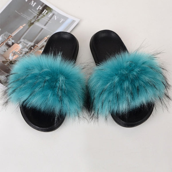 Faux Fur Slides Women Furry Fox Fur Sandals For Woman Female Indoor Shoes Fluffy Plush With Fur Slippers Flip Flops Size 36-45