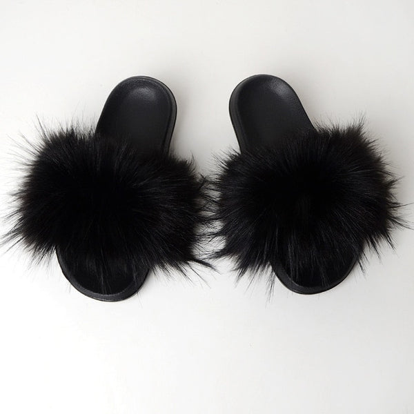 Faux Fur Slides Women Furry Fox Fur Sandals For Woman Female Indoor Shoes Fluffy Plush With Fur Slippers Flip Flops Size 36-45