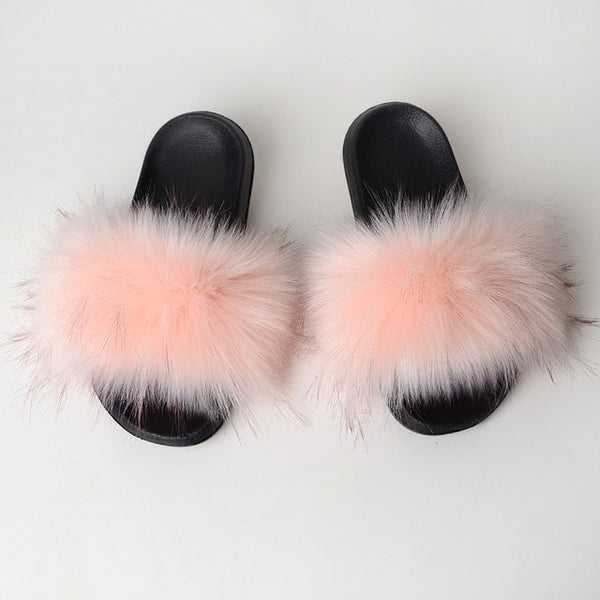 Faux Fur Slides Women Furry Fox Fur Sandals For Woman Female Indoor Shoes Fluffy Plush With Fur Slippers Flip Flops Size 36-45