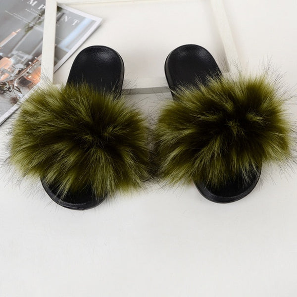 Faux Fur Slides Women Furry Fox Fur Sandals For Woman Female Indoor Shoes Fluffy Plush With Fur Slippers Flip Flops Size 36-45