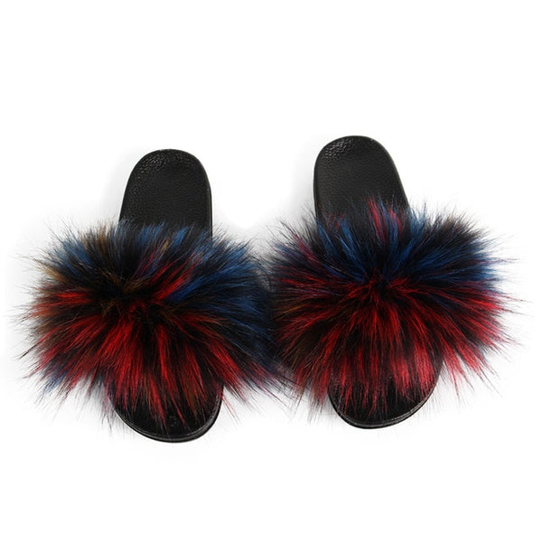 Faux Fur Slides Women Furry Fox Fur Sandals For Woman Female Indoor Shoes Fluffy Plush With Fur Slippers Flip Flops Size 36-45