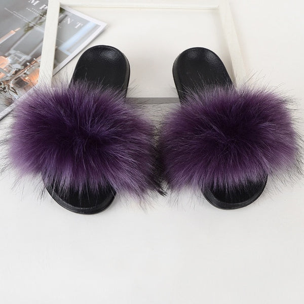 Faux Fur Slides Women Furry Fox Fur Sandals For Woman Female Indoor Shoes Fluffy Plush With Fur Slippers Flip Flops Size 36-45