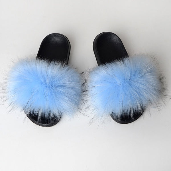 Faux Fur Slides Women Furry Fox Fur Sandals For Woman Female Indoor Shoes Fluffy Plush With Fur Slippers Flip Flops Size 36-45