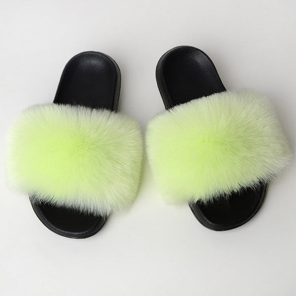 Faux Fur Slides Women Furry Fox Fur Sandals For Woman Female Indoor Shoes Fluffy Plush With Fur Slippers Flip Flops Size 36-45