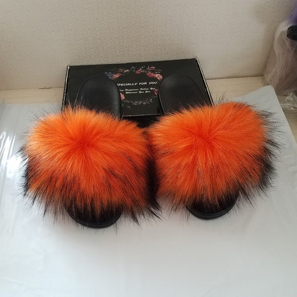 Faux Fur Slides Women Furry Fox Fur Sandals For Woman Female Indoor Shoes Fluffy Plush With Fur Slippers Flip Flops Size 36-45