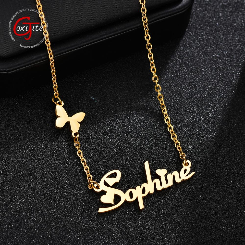 Goxijite Fashion Custom Stainless Steel Name Necklace With Butterfly For Women Personalized Letter Gold Choker Necklace Gift