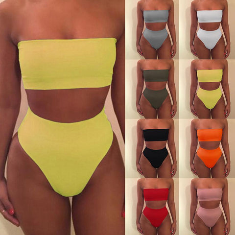 Women Sexy Bikini Set Off Shoulder Wrapped Chest Solid Push Beachwear No Swimwear Swimsuit Bandage Pad Up A4Z0