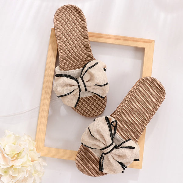 New  Butterfly-Knot Home Slippers Summer Cool Eva Slippers Women Linen Belt Slides Female Sandals Flip Flops