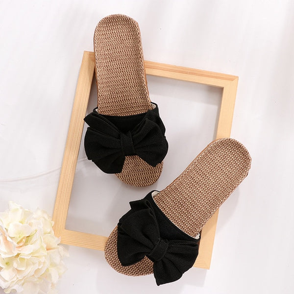 New  Butterfly-Knot Home Slippers Summer Cool Eva Slippers Women Linen Belt Slides Female Sandals Flip Flops