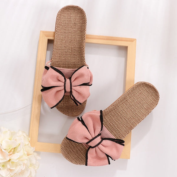 New  Butterfly-Knot Home Slippers Summer Cool Eva Slippers Women Linen Belt Slides Female Sandals Flip Flops