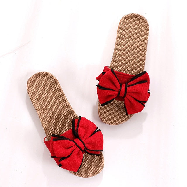 New  Butterfly-Knot Home Slippers Summer Cool Eva Slippers Women Linen Belt Slides Female Sandals Flip Flops